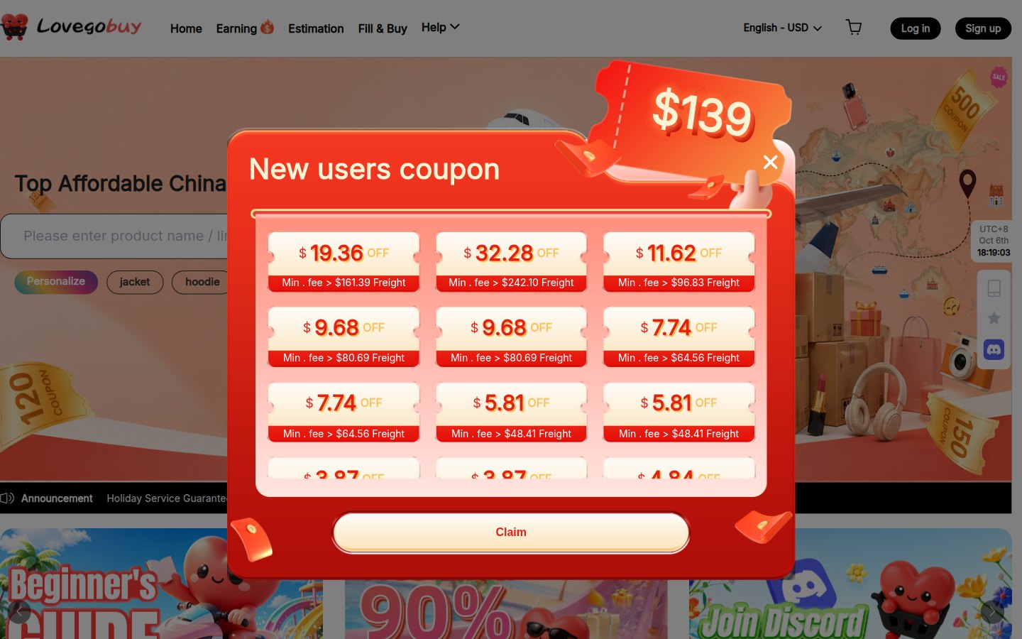 Homepage ufficiale LoveGoBuy: ricerca, menu ed estimator di spedizione